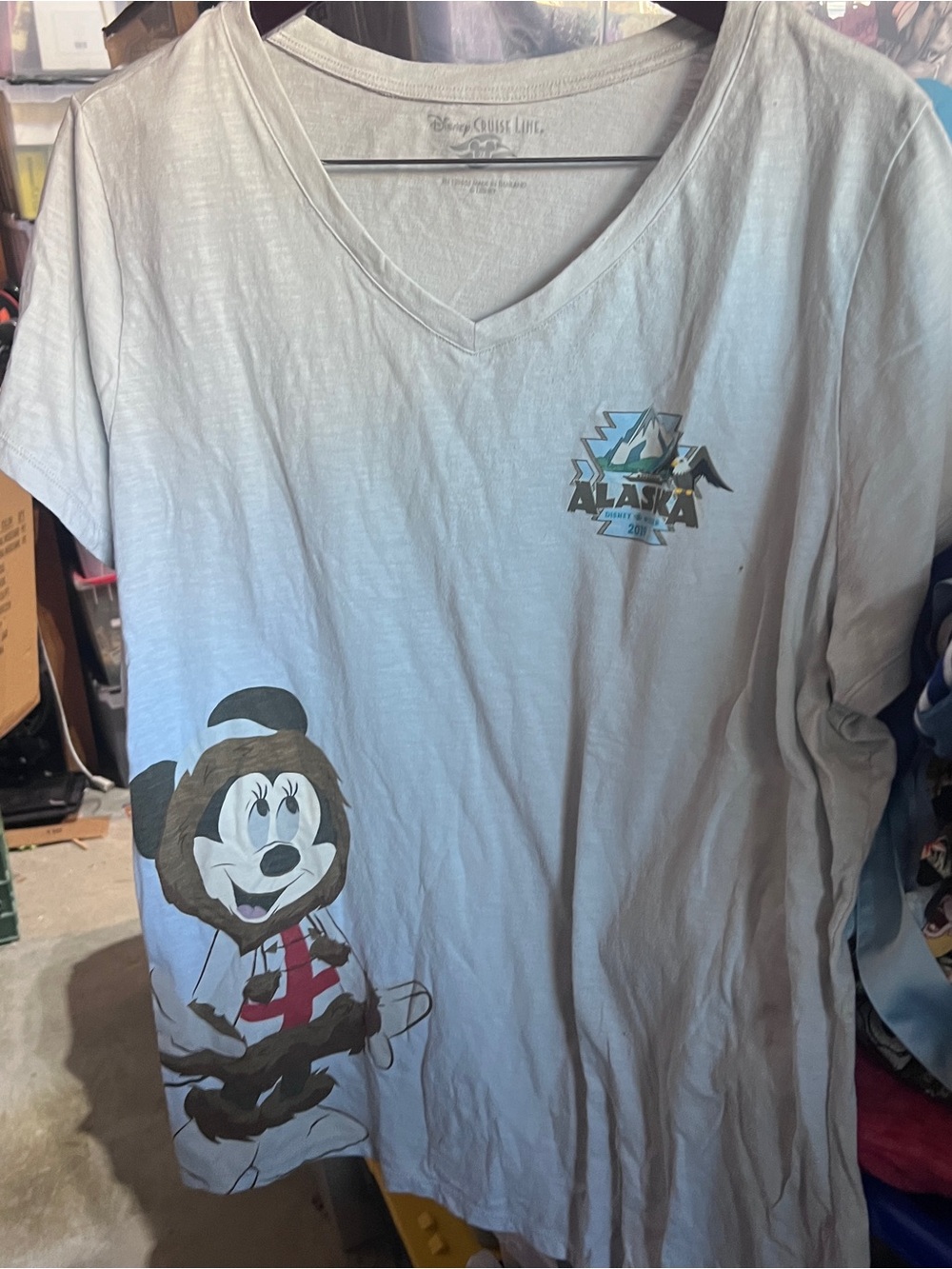 Disney Light Gray V-Neck Alaska Graphic Tee with Minnie Character wearing parka
